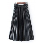 Black Pleated PU Faux Leather Long Skirt Dress